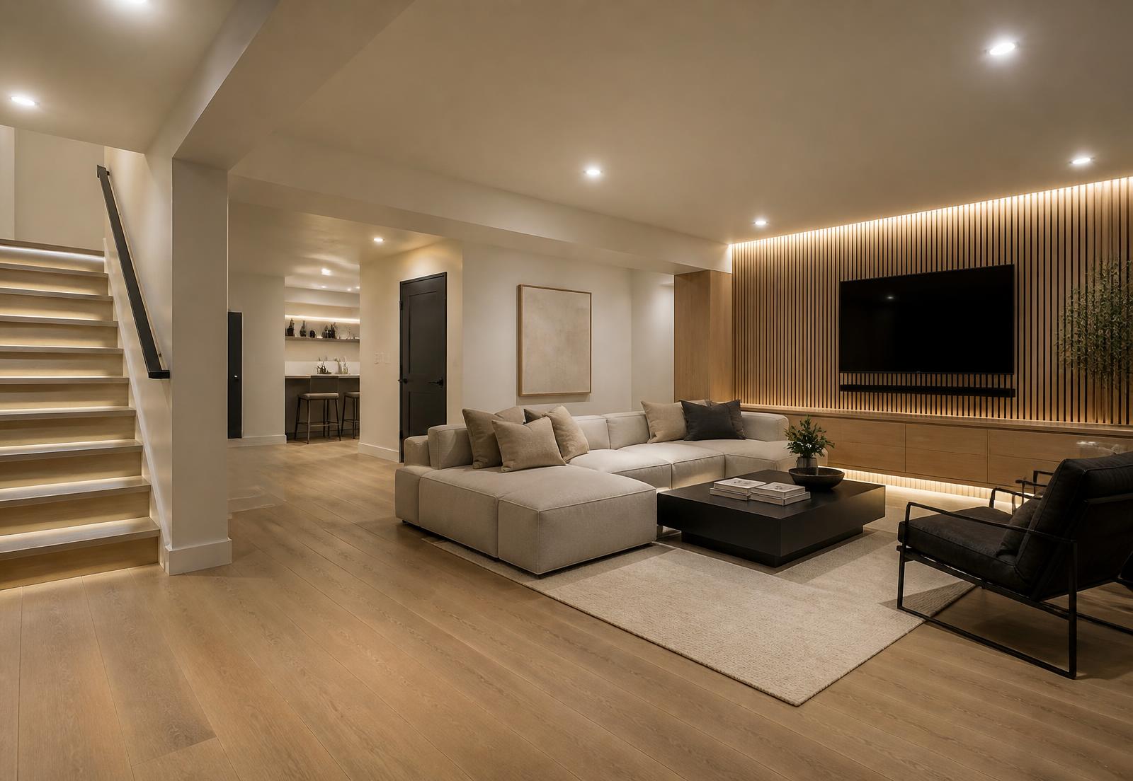 Finished basement living area with oak flooring and slatted wood feature wall