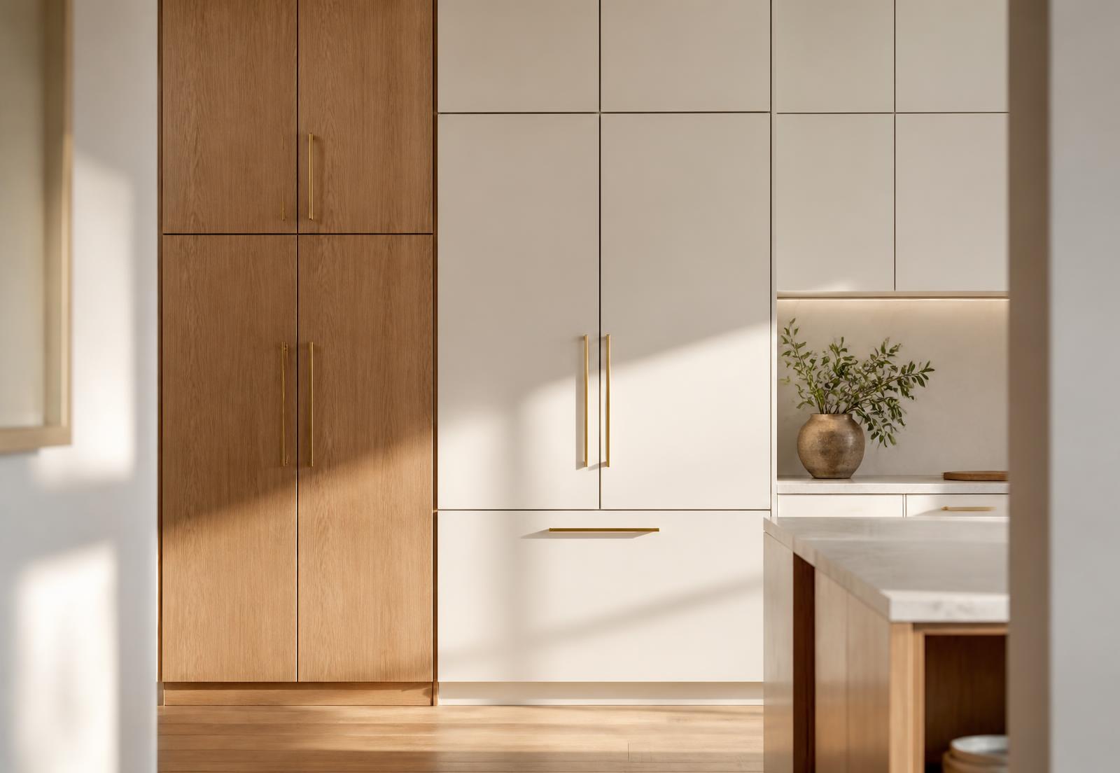 Floor to ceiling kitchen cabinetry in warm oak and matte ivory with slim brass handles