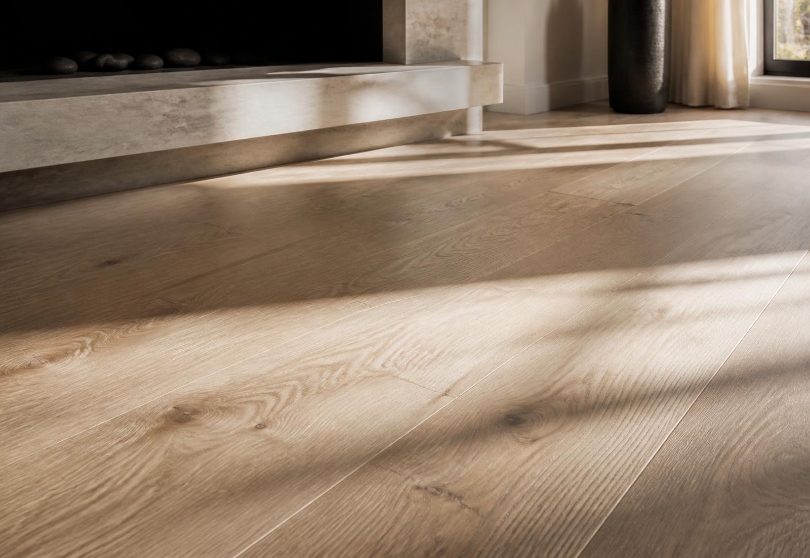 Wide plank white oak hardwood flooring in warm afternoon light