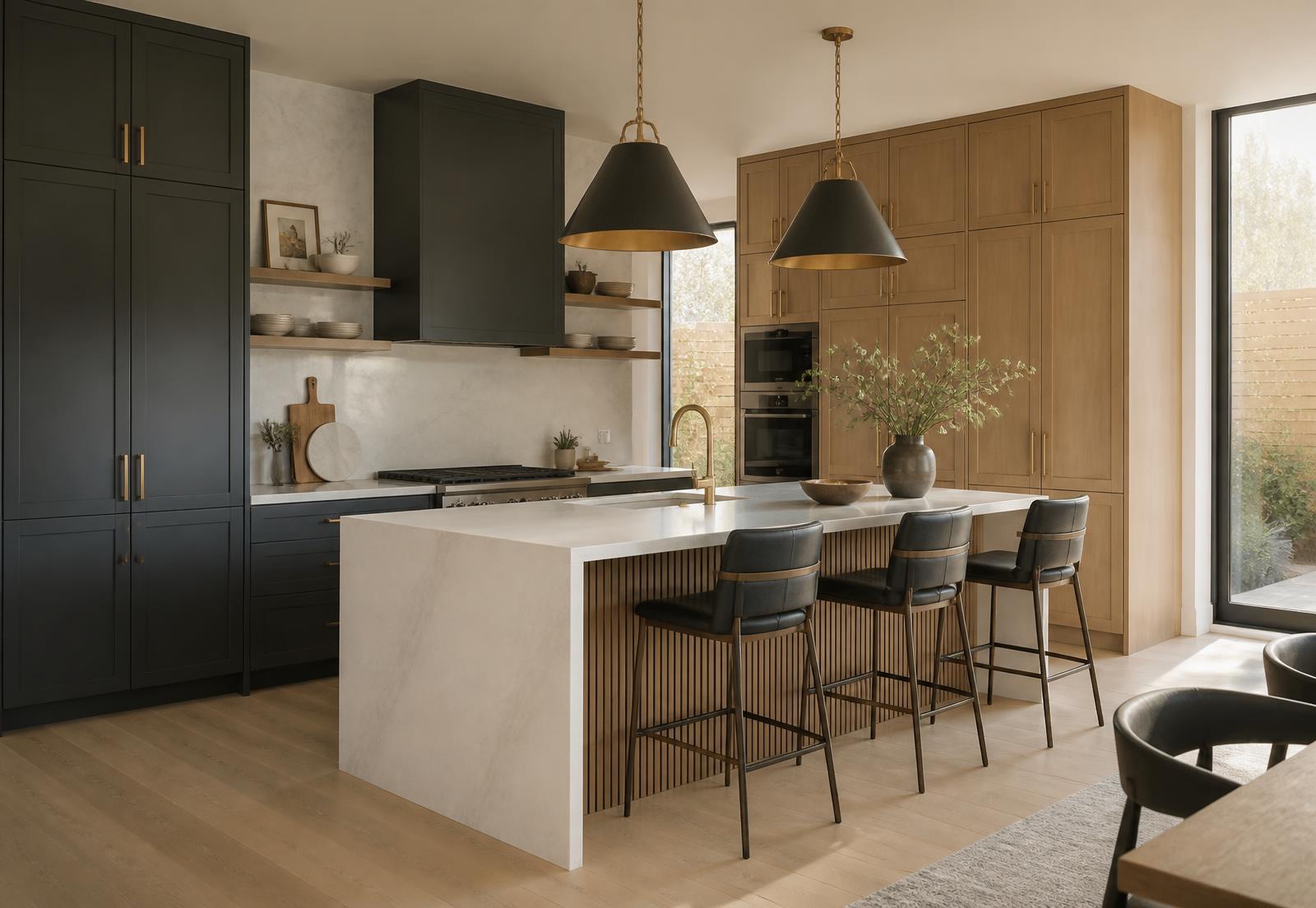 Renovated kitchen with charcoal and oak cabinetry and a stone waterfall island